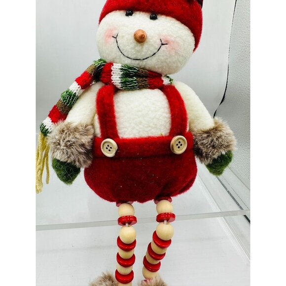Christmas Snowman Plush Shelf Sitter Red Plaid Hat Beaded Legs Holiday Decor - Picture 3 of 10